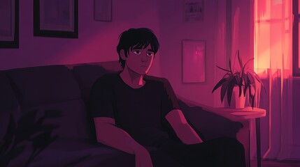 Fototapeta premium Depressed young man slouched on a sofa, staring into the distance, lost in thought, in a quiet, dimly lit room.