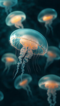 Ethereal View of Glowing Jellyfish in the Ocean Depths