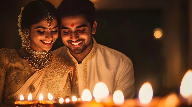 Joyful Indian Couple Celebrating Diwali Festival at Home with Warm Lights and Togetherness
