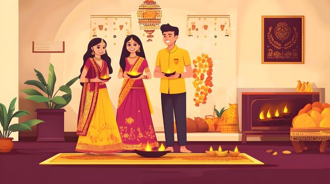 Joyful Indian Couple Celebrating Diwali Festival at Home with Light and Togetherness