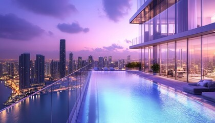 Fototapeta premium Highrise Glass Building with Balcony Overlooking City Skyline at Sunset