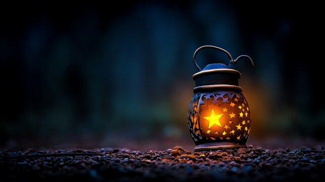 Starlight Lantern in the Forest: A single lantern, glowing with a warm, star-shaped light, sits on the forest floor at night. The dark, mysterious forest creates a magical and enchanting atmosphere. - Powered by Adobe