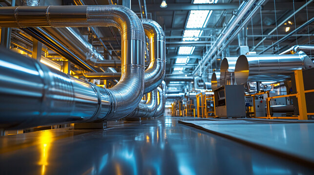 Modern industrial HVAC system with shiny metal ducts and pipes, showcasing spacious factory environment filled with advanced machinery and equipment. scene conveys sense of efficiency and innovation