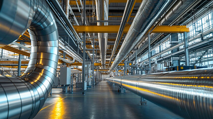 Fototapeta premium Modern industrial HVAC system featuring shiny metal ducts and extensive piping. spacious environment showcases well organized layout, emphasizing functionality and efficiency in design