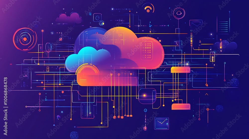 Poster An abstract illustration of a cloud computing network with glowing lines and icons.