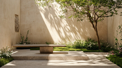 A serene minimalist courtyard featuring a marble bench, trees, and beige walls, with natural light filtering through for a peaceful outdoor space..