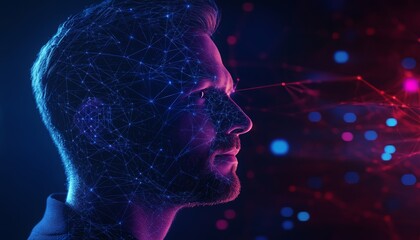 Naklejka premium Portrait of Man with Male Face Silhouette Digital Connections