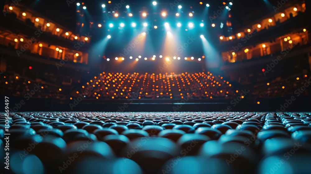 Poster captivating view of stage with spotlight illuminating audience area, creating inviting atmosphere fo