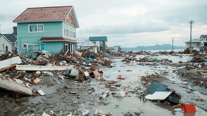 Flooded coastal town after a tsunami, with debris scattered across the landscape   tsunami damage, coastal flooding