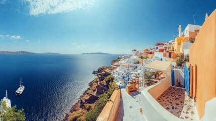 Naklejka premium Panoramic view from Oia village at suny day on Santorini island, Greece., 