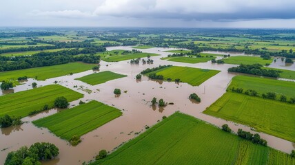 Flooded farmland after heavy rains, with crops submerged and farmers assessing the damage   flooded crops, agricultural disaster