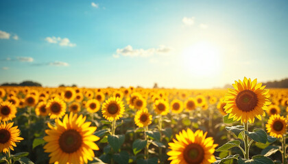 Fototapeta premium A sunflower field under a bright blue sky, radiating positivity and light for inspiring quote backgrounds
