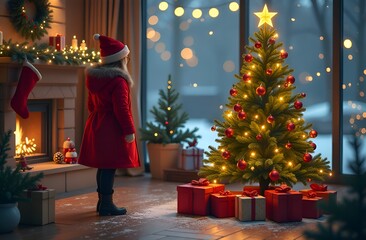 Girl in winter clothes and Christmas tree with gifts and decorations.