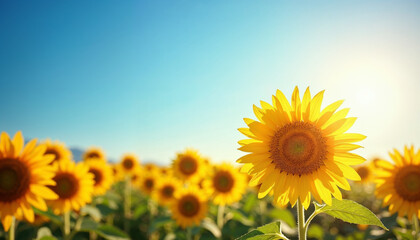 Obraz premium A sunflower field under a bright blue sky, radiating positivity and light for inspiring quote backgrounds