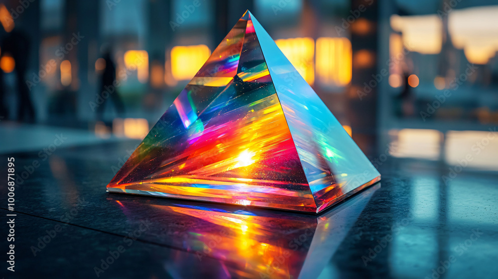 Poster sleek crystal pyramid refracts vibrant light into spectrum of colors, creating mesmerizing display. 