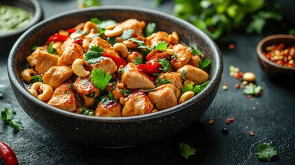 Fototapeta premium Delicious Chinese Chicken Stir-fry with Cashews and Chili Peppers in a Black Bowl