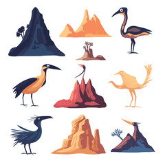 illustration of a birds, set of mountain landscape