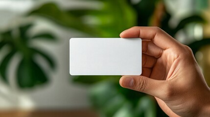 A hand holds out a blank white card against a blurry green background.