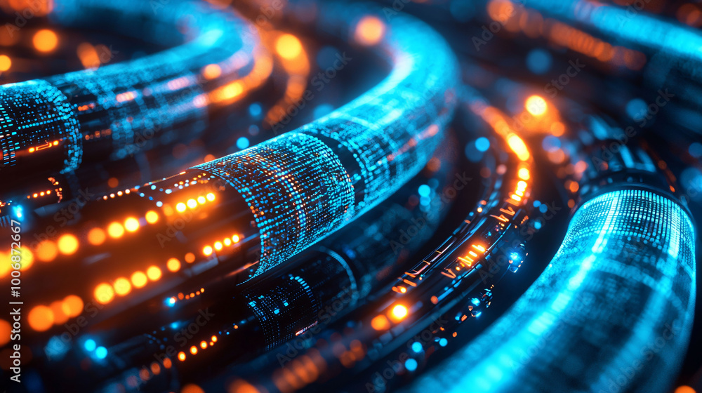 Aufkleber abstract close up of glowing cables with blue and orange lights, creating vibrant and dynamic visual