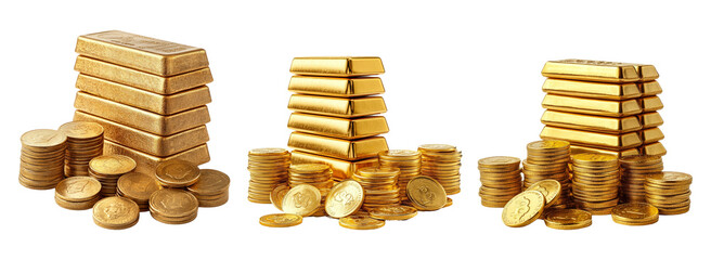 Gold bars and coins stacked on transparent background