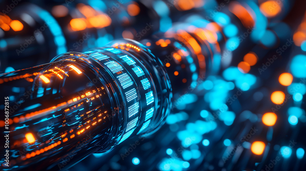 Poster abstract close up of glowing cables with blue and orange lights, creating futuristic and dynamic atm