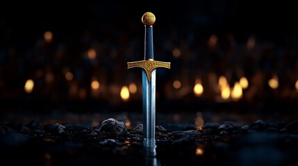 Fototapeta premium The Sword of Triumph: A gleaming sword stands tall amidst a field of glowing embers, symbolizing resilience, strength, and the unwavering pursuit of victory.