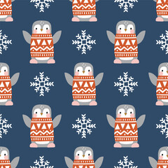 Seamless vector pattern with cute polar penguin in winter clothes. Hand drawn Nordic background. EPS 10 vector file. Perfect for textile, wallpaper or nursery print design.