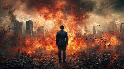 Businessman in Suit on Fiery Battlefield Background