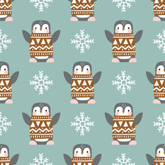 Seamless vector pattern with cute polar penguin in winter clothes. Hand drawn Nordic background. EPS 10 vector file. Perfect for textile, wallpaper or nursery print design.