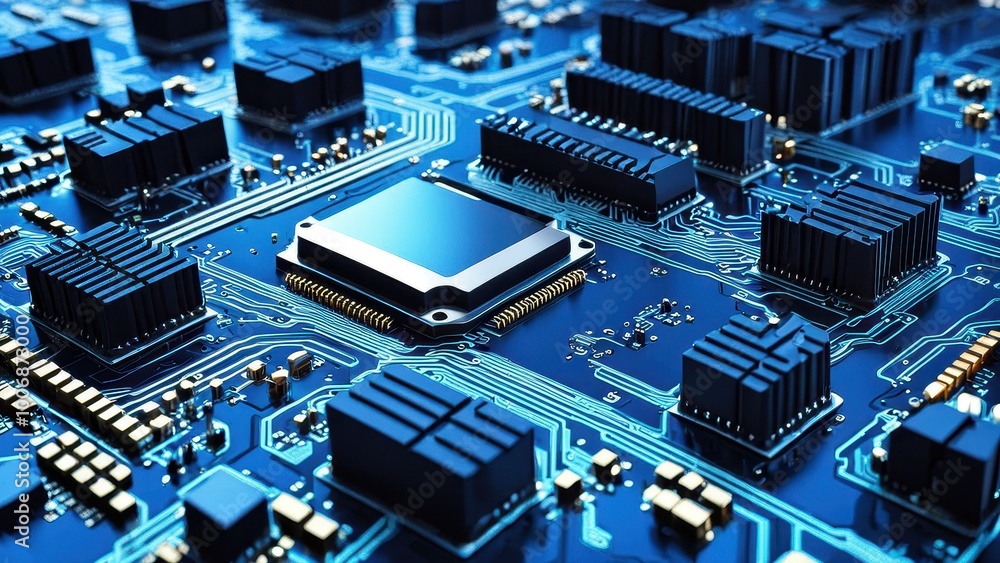 Poster a close-up view of a blue circuit board with microchips and electronic components.