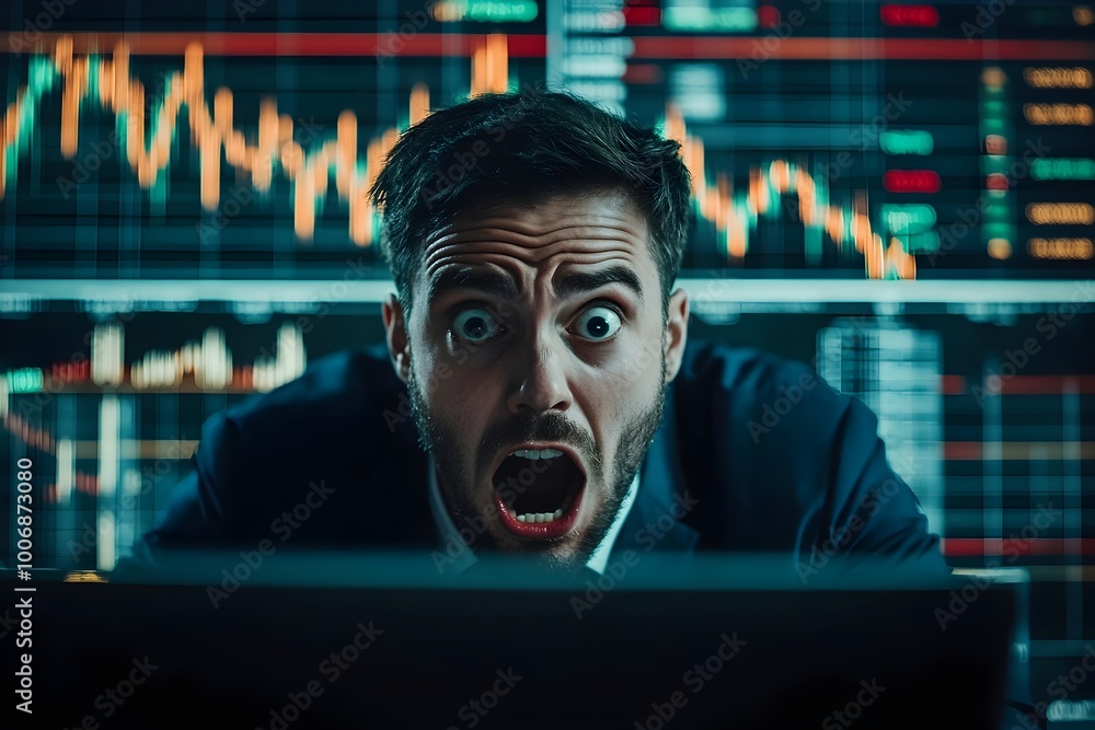 Poster terrified trader surrounded by chaotic market charts and data