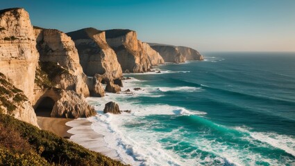 Dramatic coastal cliffs with turquoise sea in Portugal.
