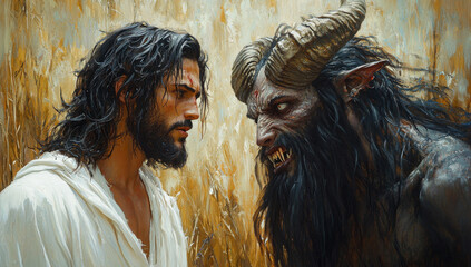 A horned white goat with a portrait of Jesus Christ on its fur grazes in a lush green meadow