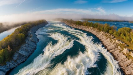 Aerial view of a rushing river with whitewater rapids flowing between rocky banks.