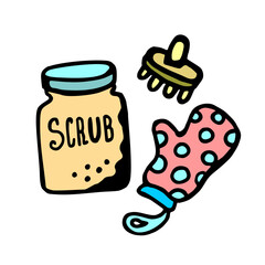 A colorful, hand-drawn illustration of a body scrub jar, exfoliating brush, and polka dot cleansing glove, representing skincare and self-care essentials