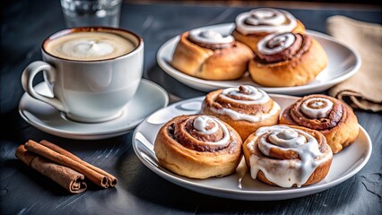 Coffee with cinnamon rolls on a cozy breakfast table.