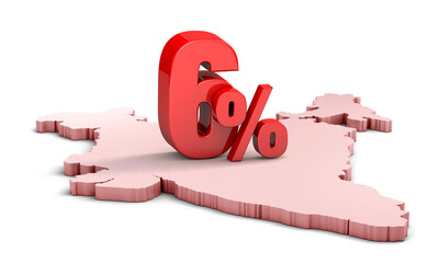 6% 3d text on india map. 3d illustration.
