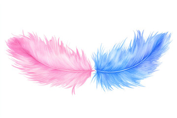 Colorful pink and blue feathers on a white isolated background.