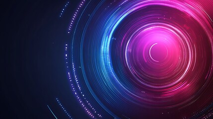 Abstract digital background with glowing neon circles in pink and blue on a dark background.