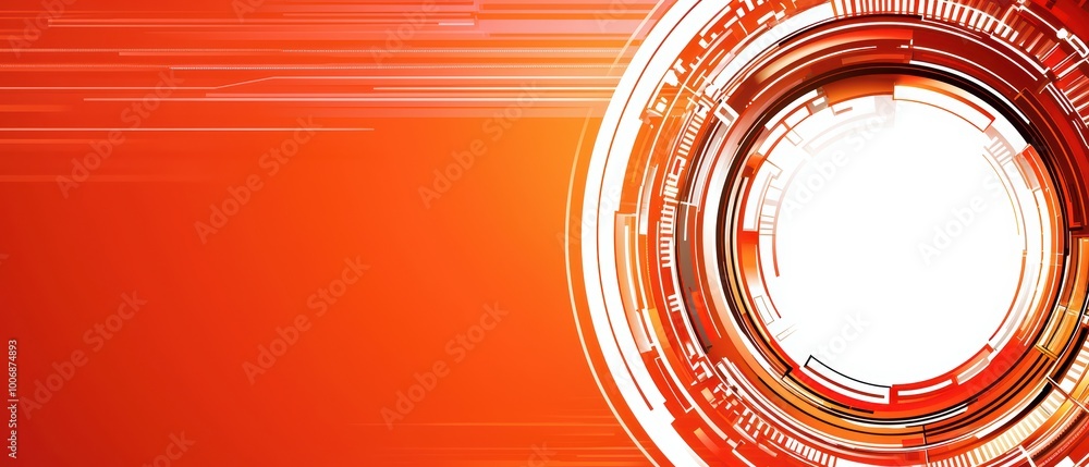 Poster abstract circular design with dynamic lines in vibrant red and orange hues on a white background.