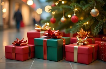 Christmas tree with gifts in a mall.
