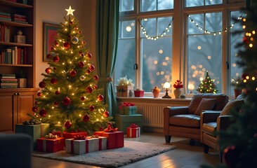 Christmas tree with gifts and decorations.