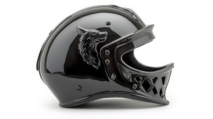 Fototapeta premium Black Knight Motorcycle Helmet with Wolf Emblem 