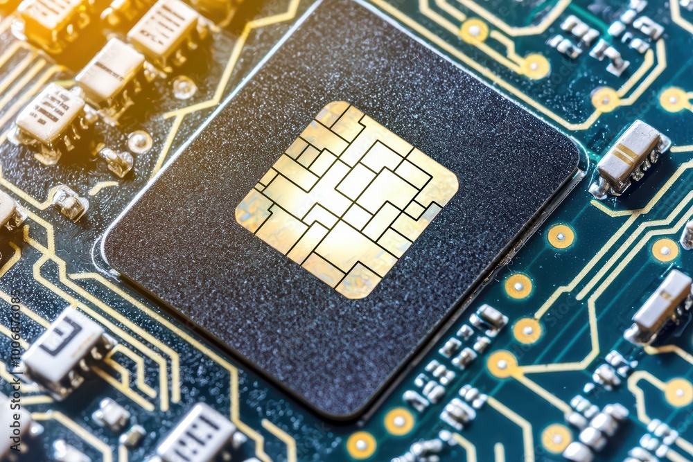 Poster close-up of a computer microchip on a circuit board with intricate details and golden patterns.