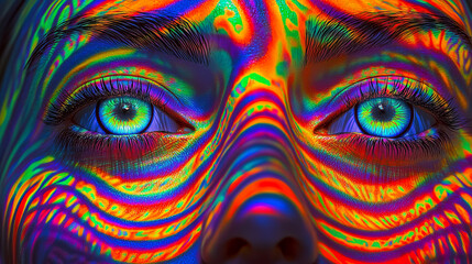 Abstract digital art with rainbow waves on face. Bright blue eyes, psychedelic neon design