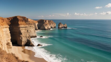 Obraz premium Dramatic cliffs overlooking tranquil blue waters on a sunny day in coastal landscape.