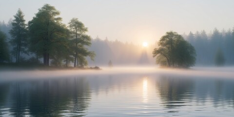 Fototapeta premium Misty Sunrise Over a Tranquil Forest Lake.