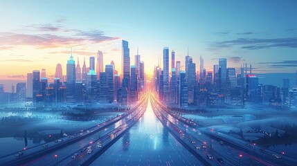 Future city futuristic Modern architecture towers and skyscrapers and green plants along empty road green smart city landscape illustration