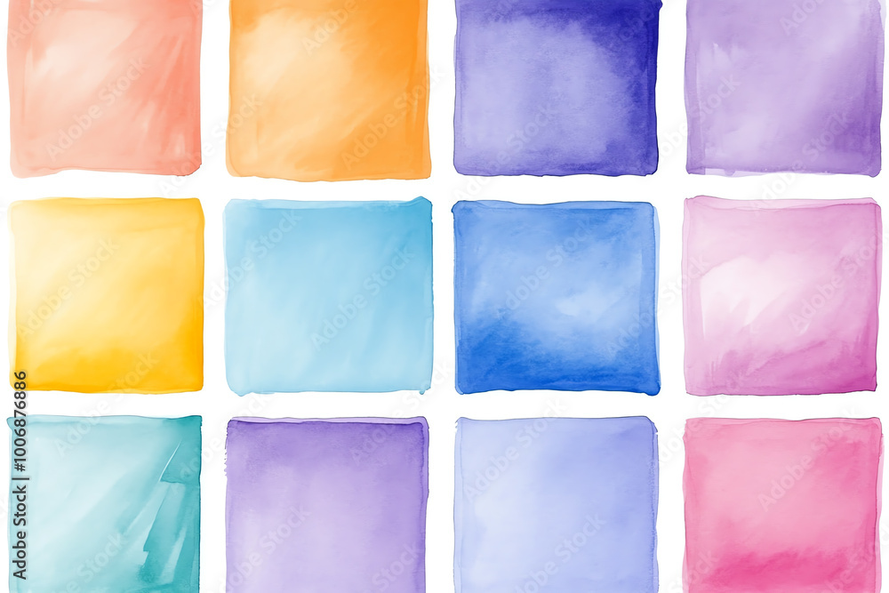Poster colorful watercolor squares arranged in a neat grid pattern.