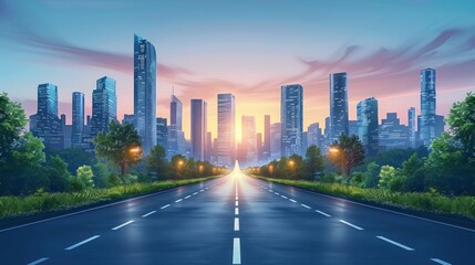 Fototapeta premium Future city futuristic Modern architecture towers and skyscrapers and green plants along empty road green smart city landscape illustration